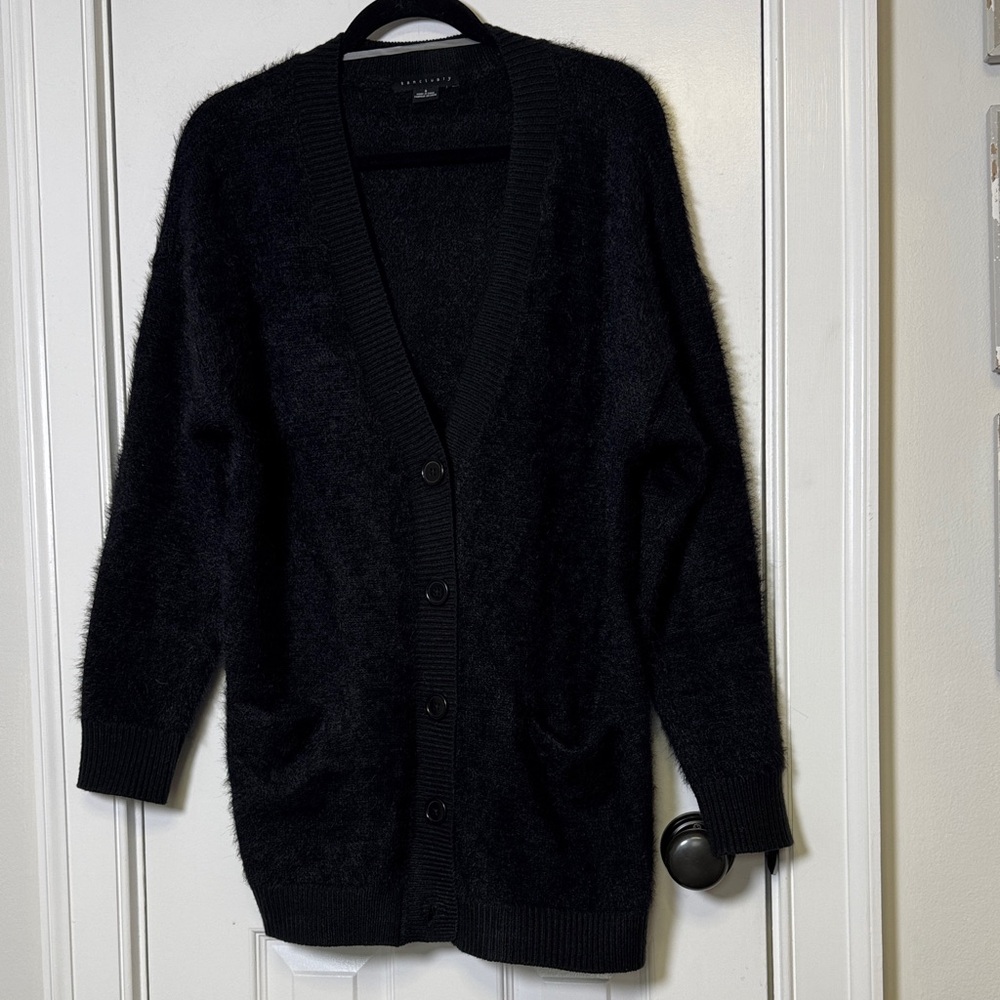 Sanctuary Black Fuzzy Knit Cardigan Button Front Pockets Cozy Small Oversized